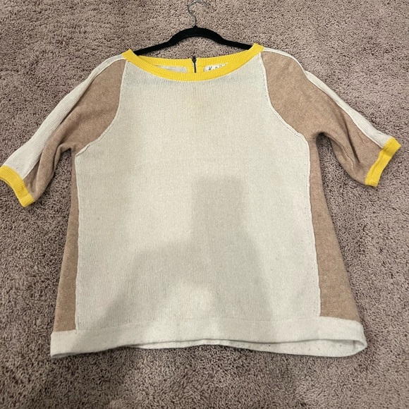 Anthropologie field flower short sleeve sweater beige tan yellow medium zip back - Picture 3 of 12